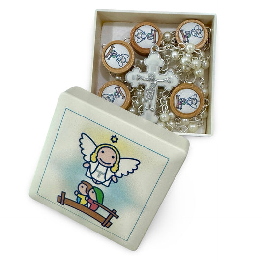 Pearl and Wood Guardian Angel Rosary in Case