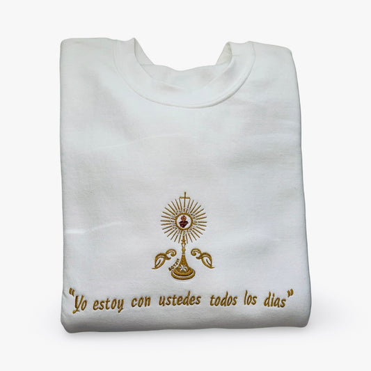 "Yo estoy con ustedes todos los días" Embroidered Crewneck Sweater by SCTJM