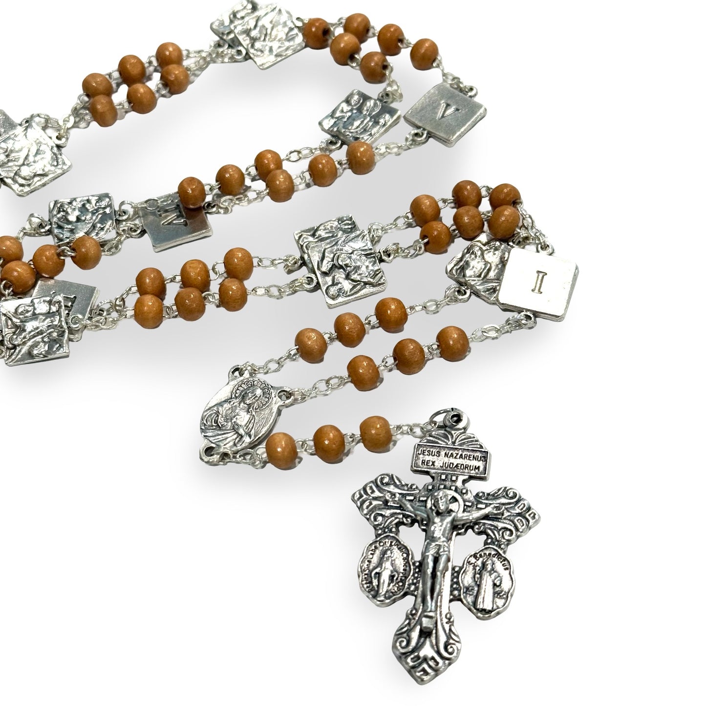 Wood Beaded Stations of the Cross Chaplet with Silver Stations and Pardon Crucifix