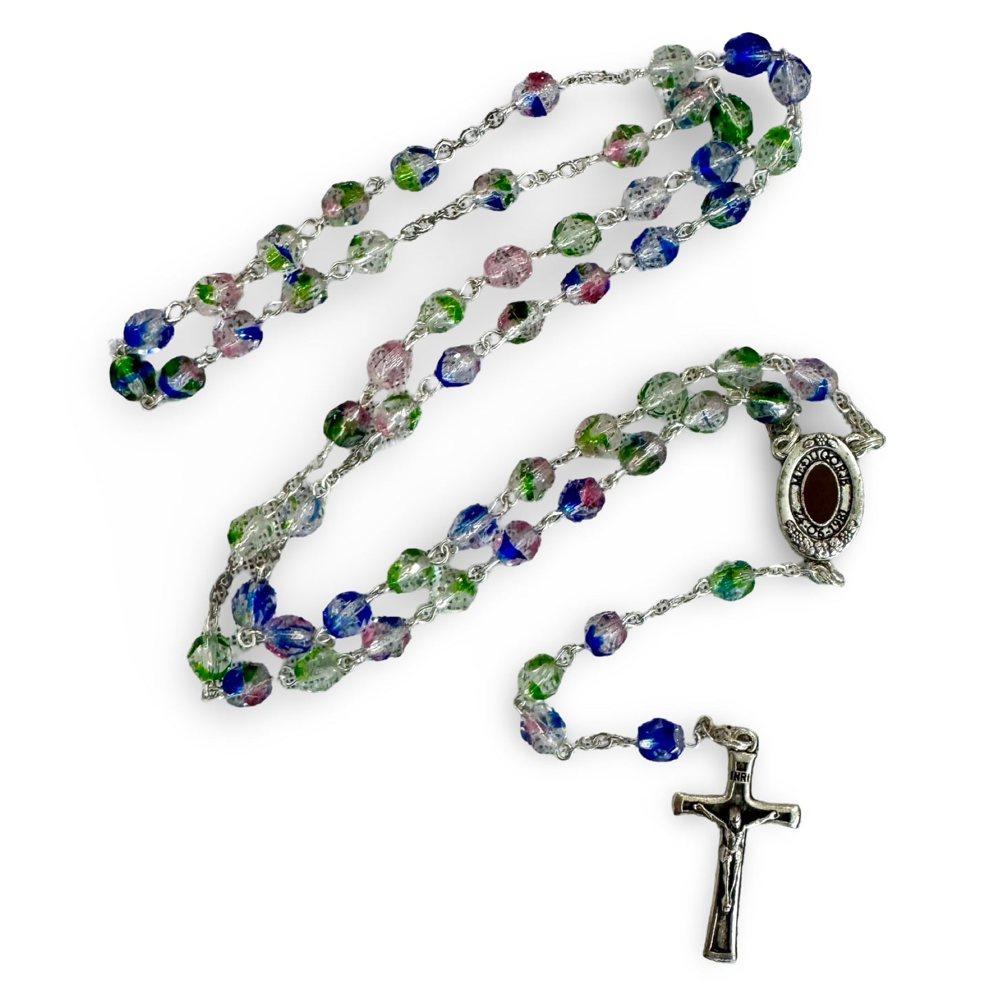 Multicolored Faceted Queen of Peace Rosary with Soil