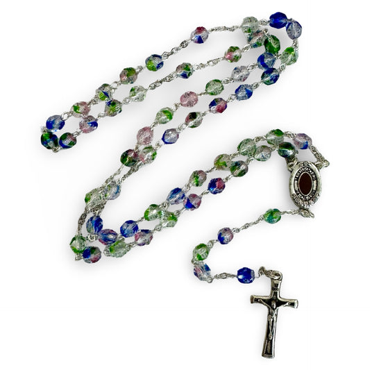 Multicolored Faceted Queen of Peace Rosary with Soil