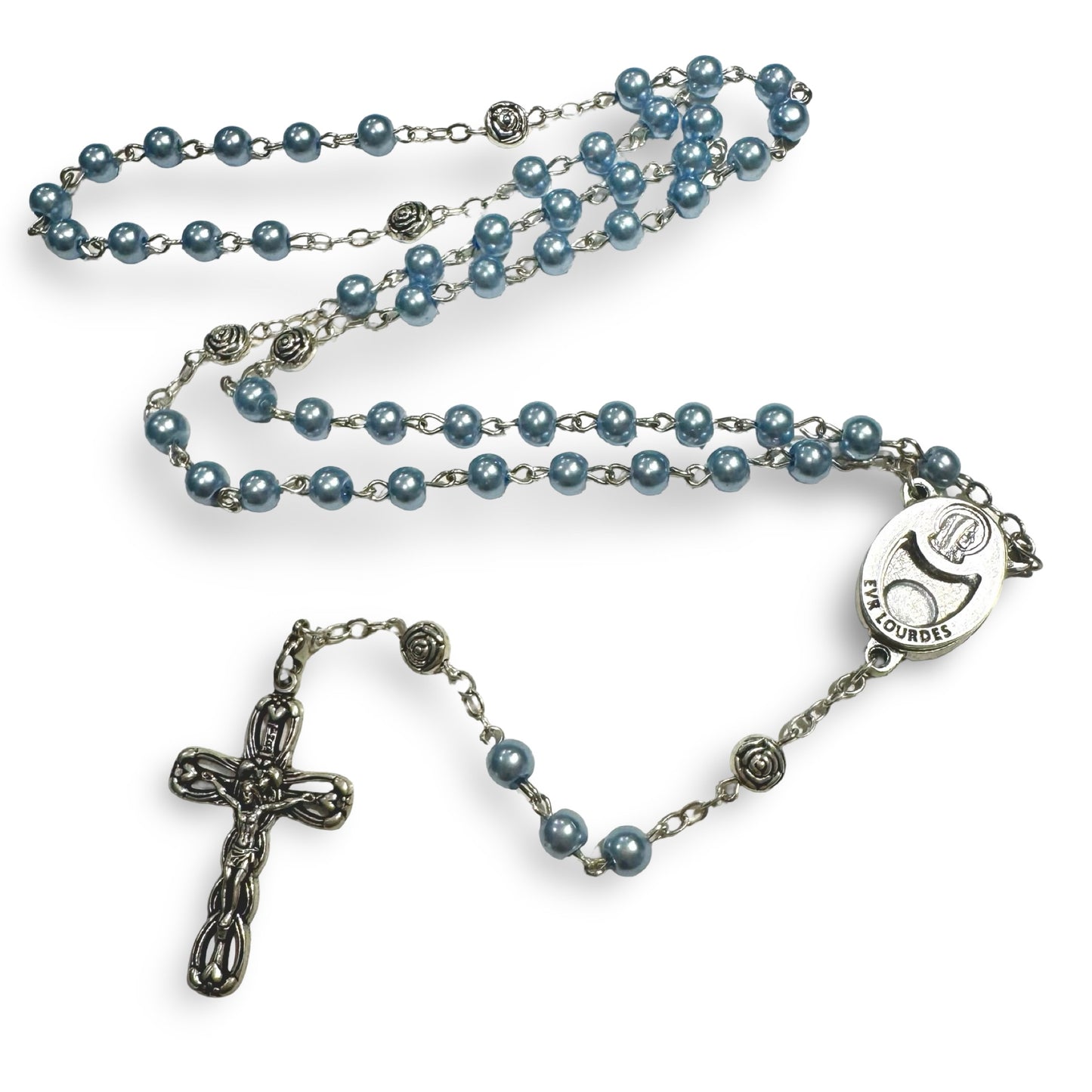 Blue Pearl Rosary with Lourdes Water and Rose Accents