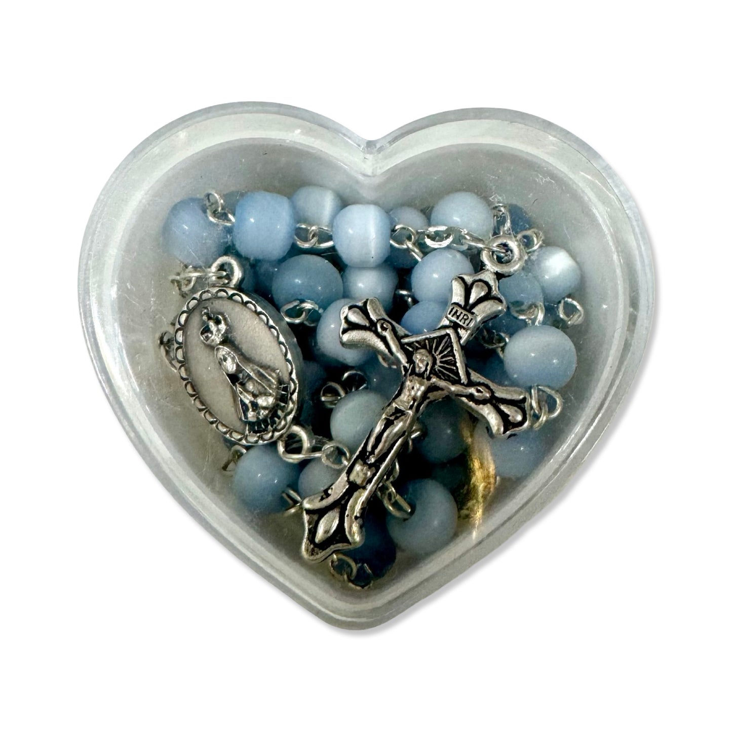 Blue Fatima Rosary in Heart Shaped Case