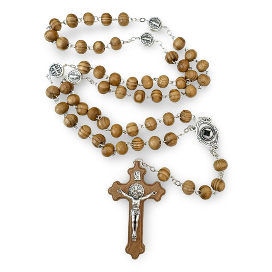 Wood Chain Padre Pío Relic Rosaries with St. Benedict Medals