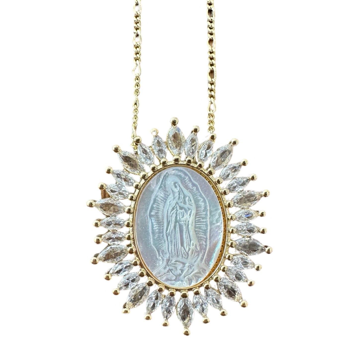 Our Lady of Guadalupe Necklace - Oval Mother of Pearl with Crystal Border