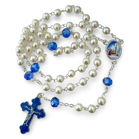 Pearl and Blue Our Lady of Lourdes and St. Bernadette Rosary in Case