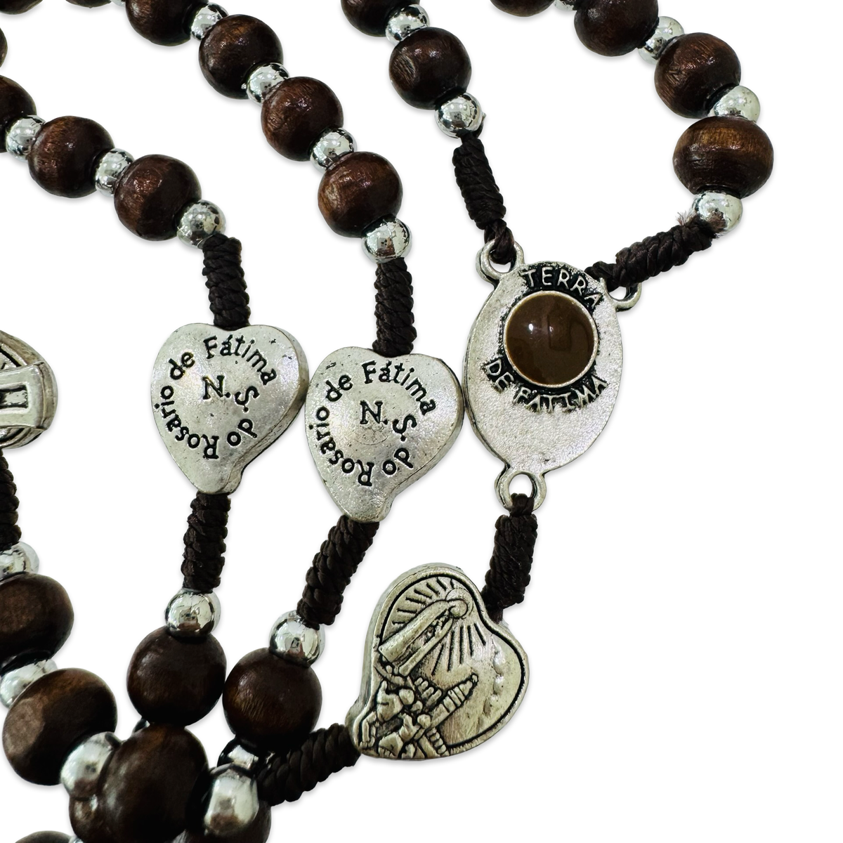 Dark Wooden Cord Rosary With Fatima Soil and Holy Card