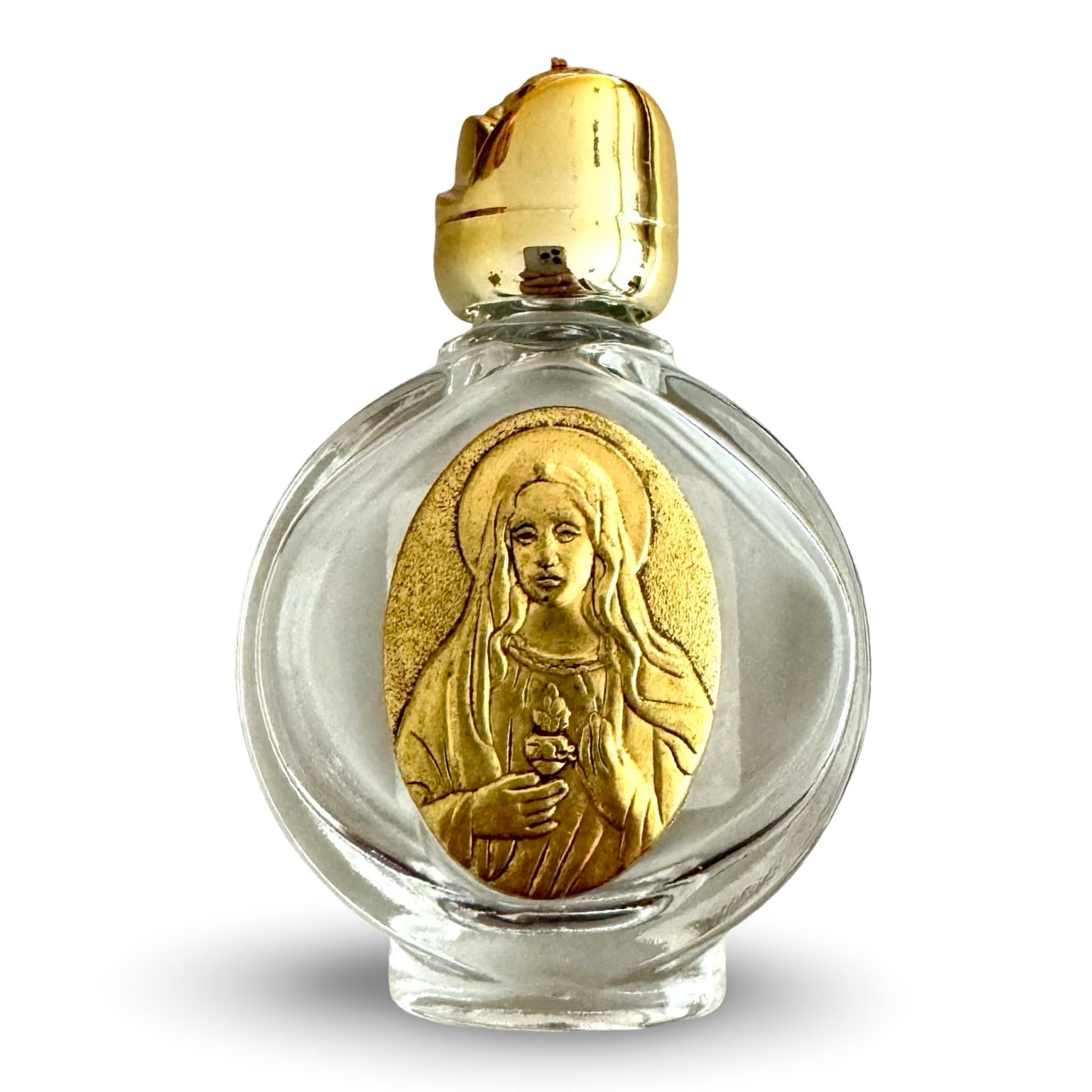 Round Immaculate Heart Glass Holy Water Bottle