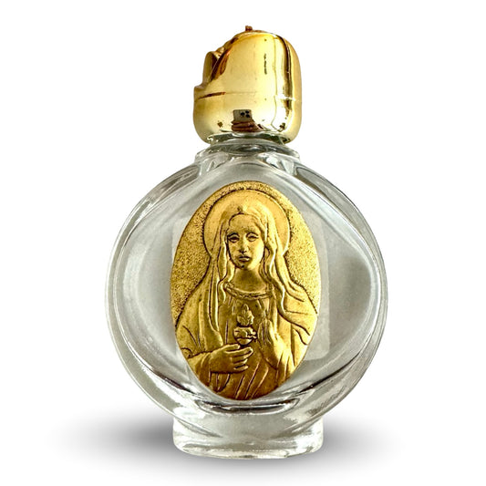 Round Immaculate Heart Glass Holy Water Bottle