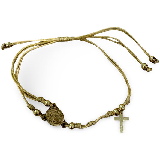 Gold Miraculous Medal and Cross String Bracelet
