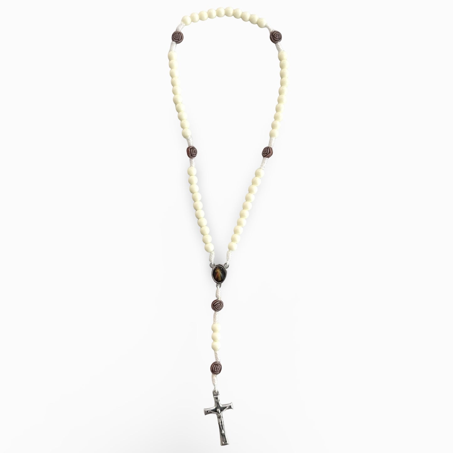 Small White Beaded Queen of Peace Rosary with Rose Accents