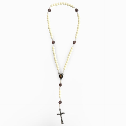 Small White Beaded Queen of Peace Rosary with Rose Accents