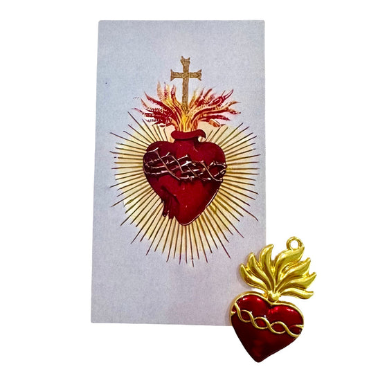 Ruby and Gold Sacred Heart of Jesus Pendant with Holy Card