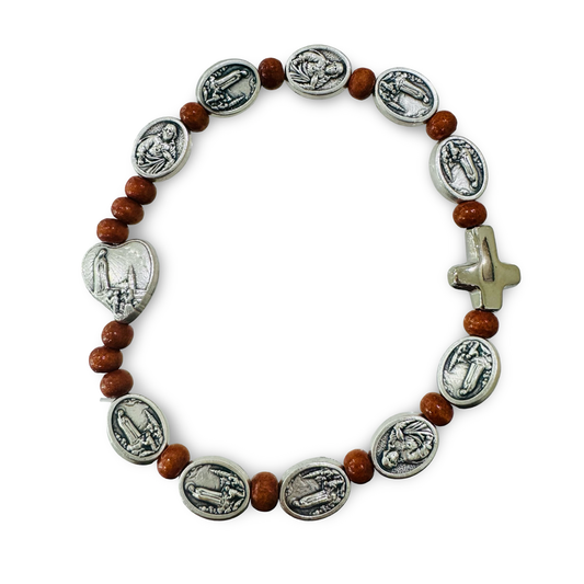 Brown Beaded Bracelet with Sacred Heart Medals