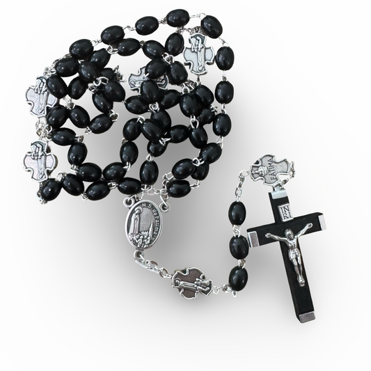 Black Wood Rosary with Cross Beads and Soil from Fatima