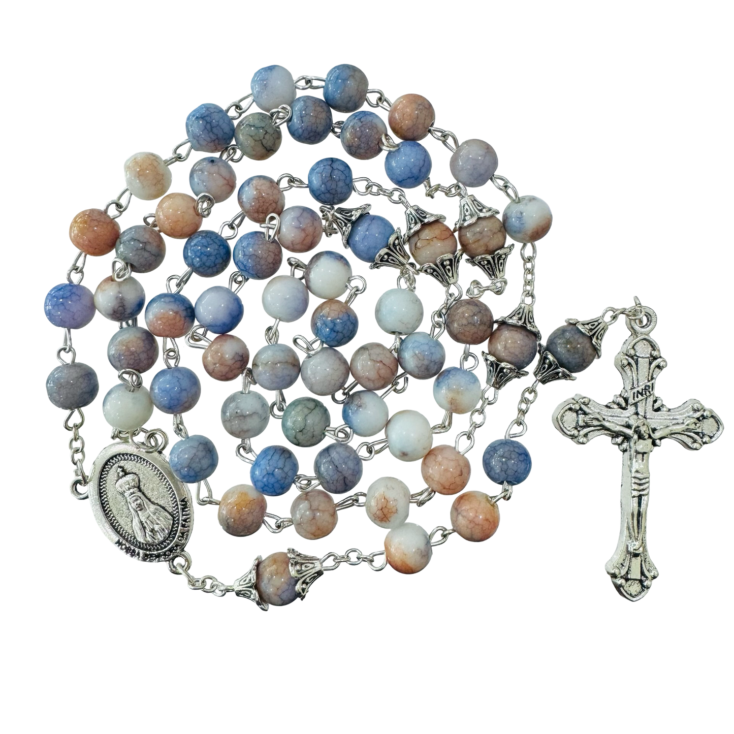 Large Marble Fatima Rosary with Silver Embellished Accents