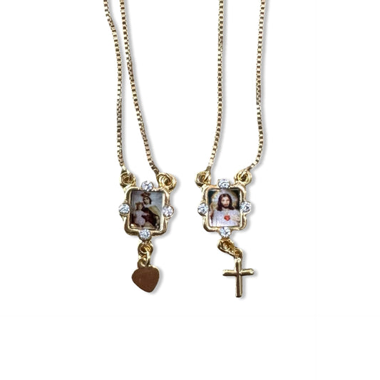 Embellished Gold Rectangular Scapular Necklace with Colored Image - Front and Back