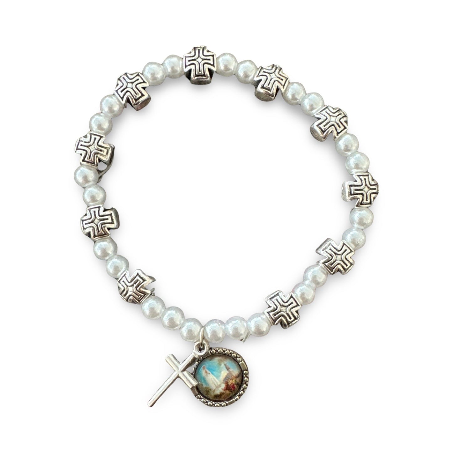 Pearl and Silver Cross Fatima Rosary Bracelet