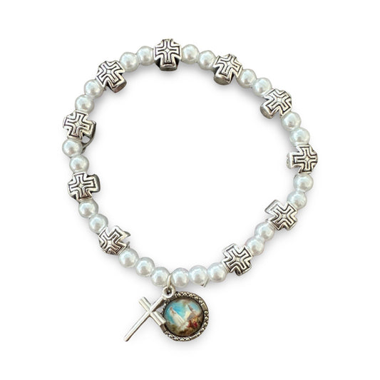 Pearl and Silver Cross Fatima Rosary Bracelet