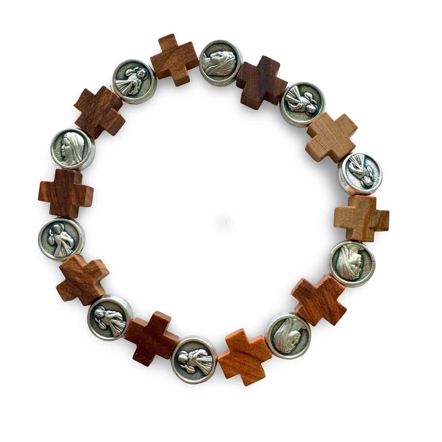 Olive Wood Cross and Queen of Peace Medal Bracelet