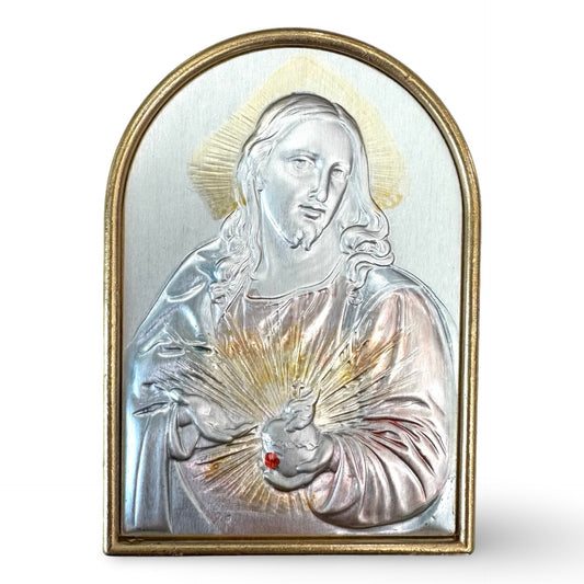 Arched Colored Silver Image of the Sacred Heart of Jesus