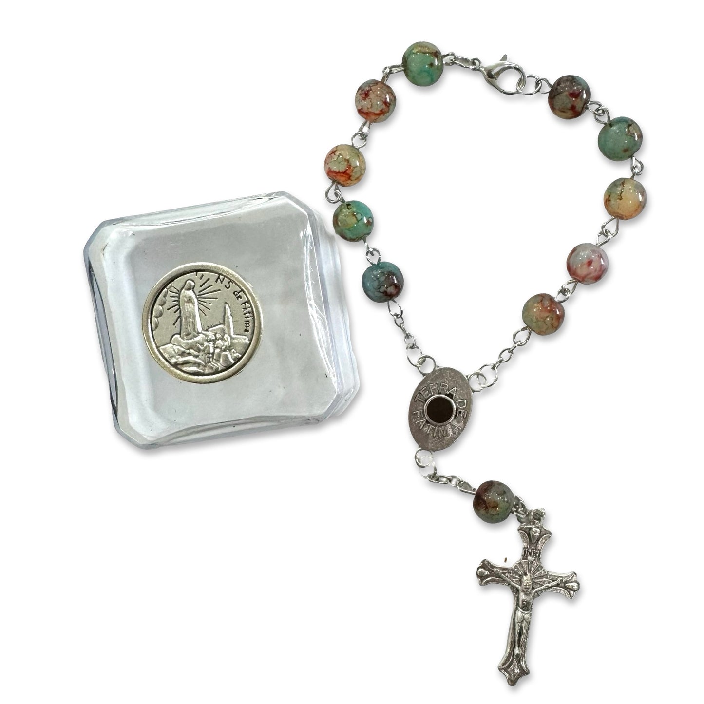 Large Marble Decade Rosary with Soil from Fatima in Case