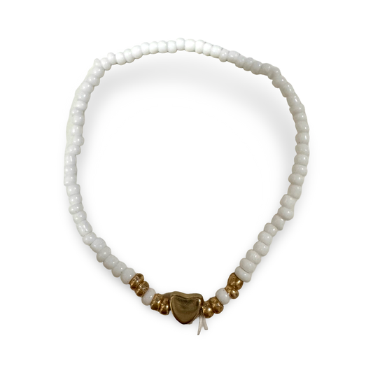 White Pearl Bracelet with Gold Heart