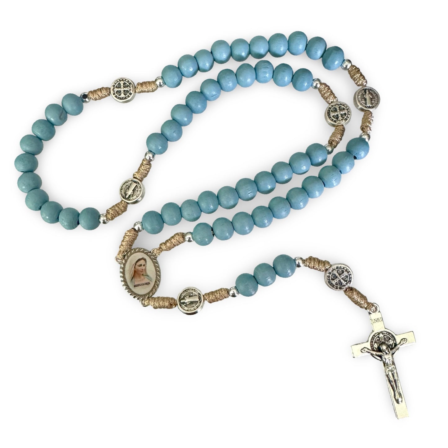 Wooden Our Lady Queen of Peace Rosary with St. Benedict Medal Accents