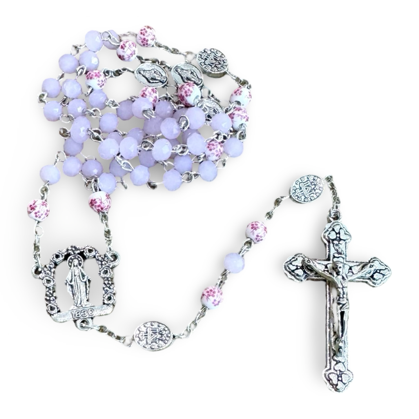 Embellished Miraculous Medal with Flower Beads and Heart Crucifix
