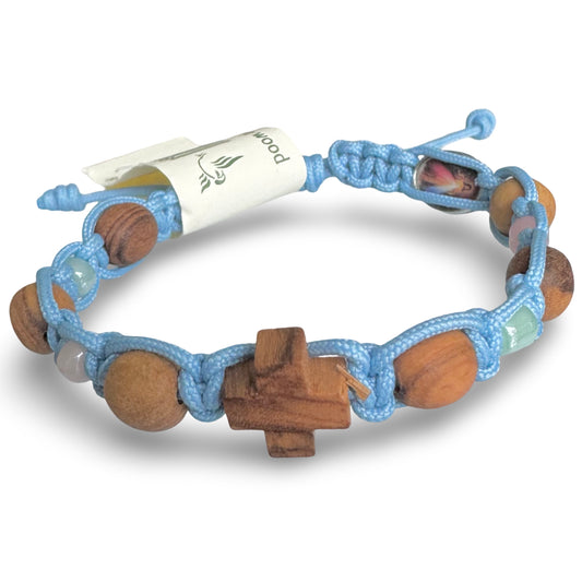 Olive Wood Queen of Peace Cord Bracelet With Colored Beads and Colored Medal