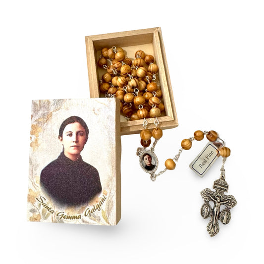 Pine Wood St. Gemma Galgani Rosary with Pardon Crucifix in a Wood Painted Box