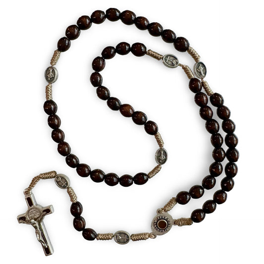 Brown Wood St. Benedict and Queen of Peace Rosary with Soil