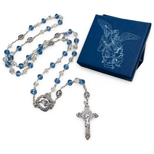 Crystal and Blue St. Michael Rosary in Case