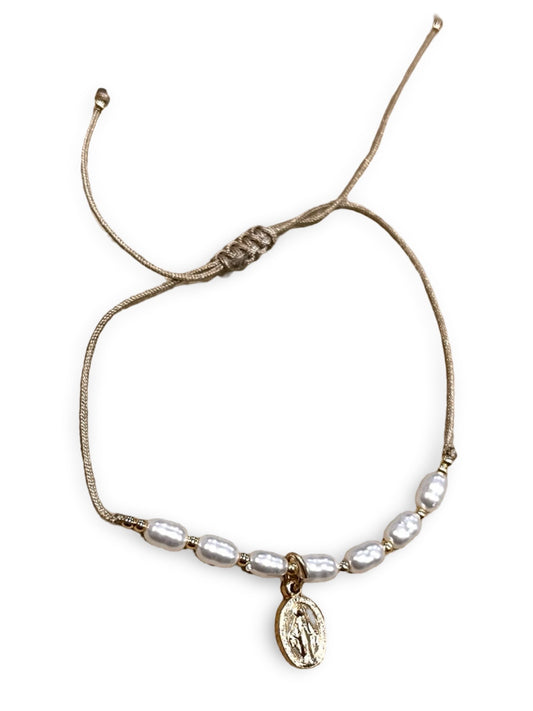 Adjustable Miraculous Medal Bracelet with Small Pearl Beads