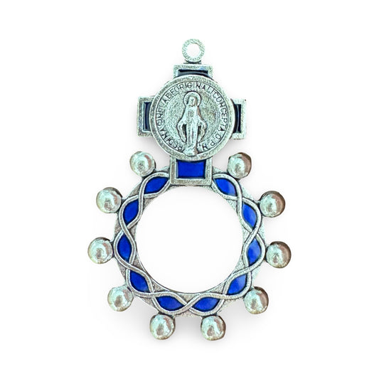 Blue and Silver Miraculous Medal Rosary Ring with Holy Card