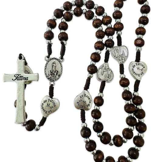 Dark Wooden Cord Rosary With Fatima Soil and Holy Card
