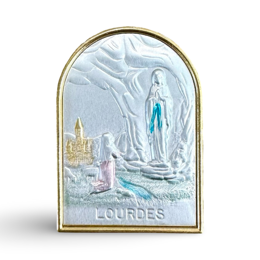 Arched Colored Silver Image of Our Lady of Lourdes