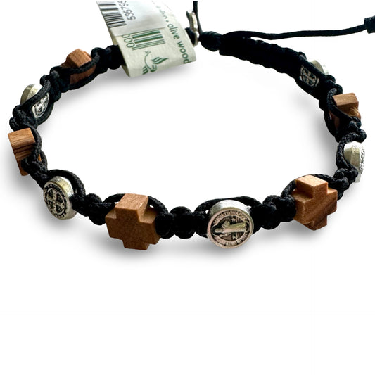 Wood Cross and Small St. Benedict Medal Decade Rosary Bracelet of Assorted Colors