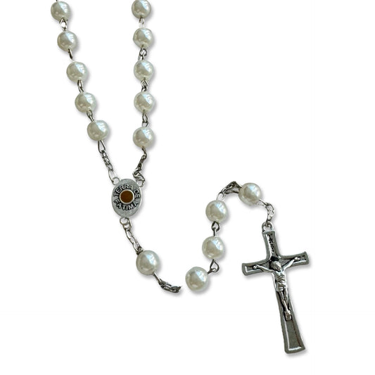 Large Pearl Fatima Rosary with Soil from Fatima in Case