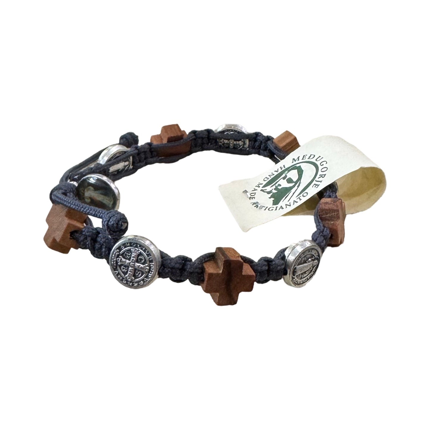 Wood Cross and St. Benedict Medal Decade Rosary Bracelet of Assorted Colors