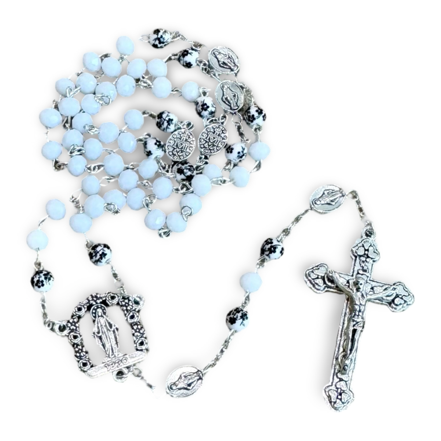 Embellished Miraculous Medal with Flower Beads and Heart Crucifix