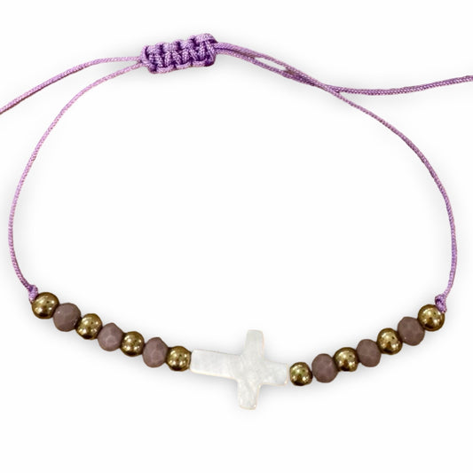 Purple String Bracelet with Mother of Pearl Cross