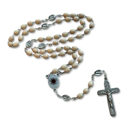 Tan Wood Rosary with Soil from Fatima