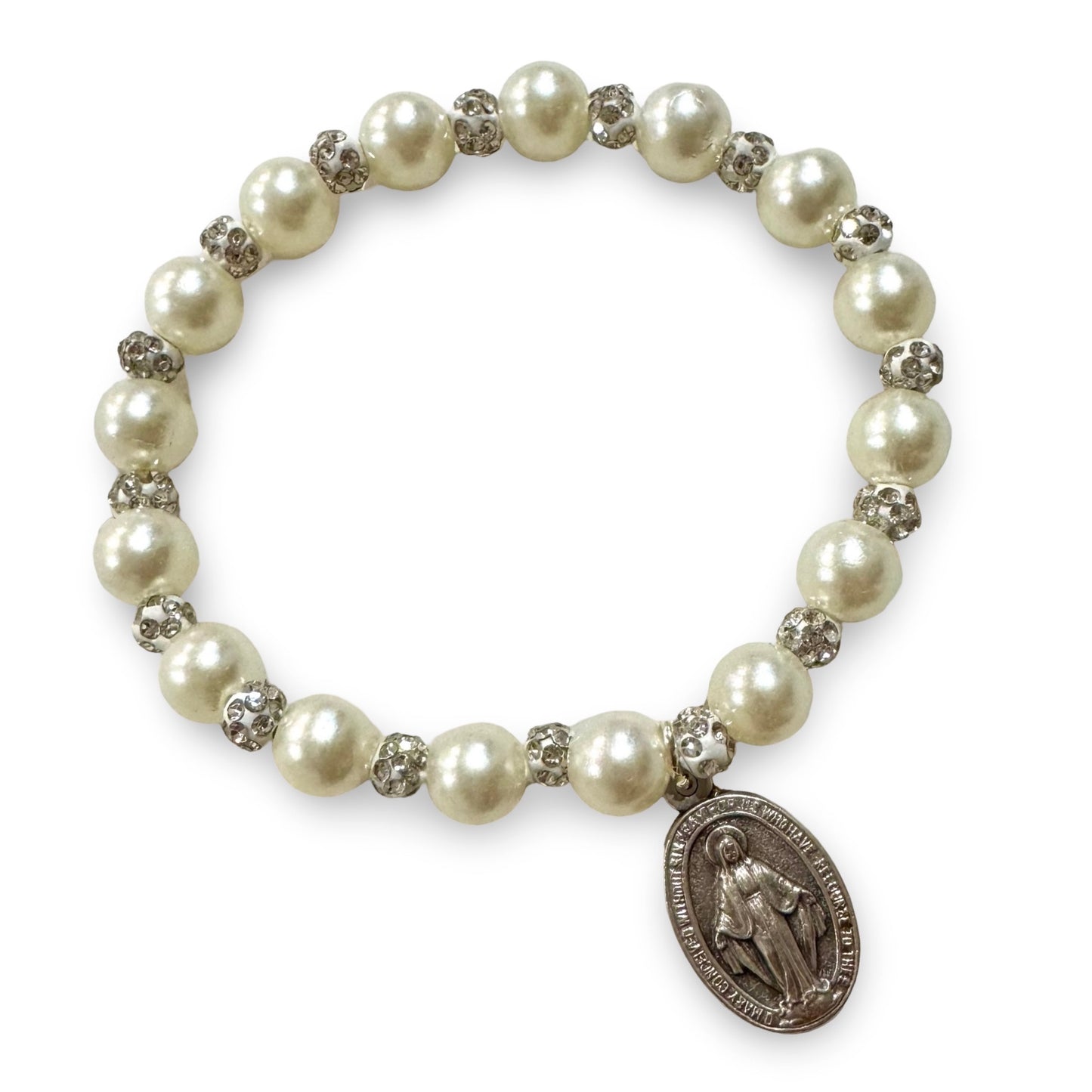 Pearl and Rhinestone Miraculous Medal Bracelet.