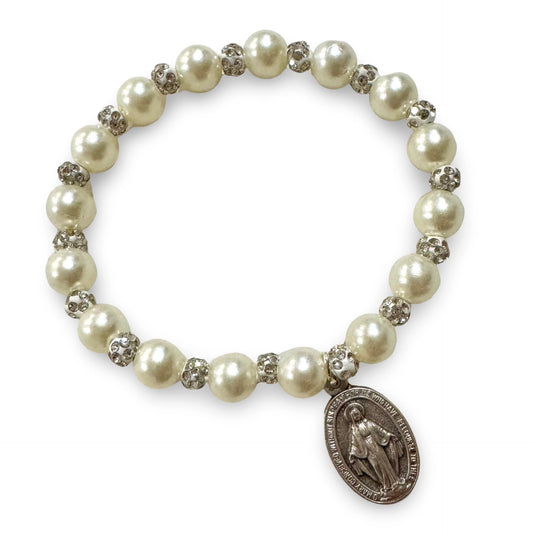 Pearl and Rhinestone Miraculous Medal Bracelet.
