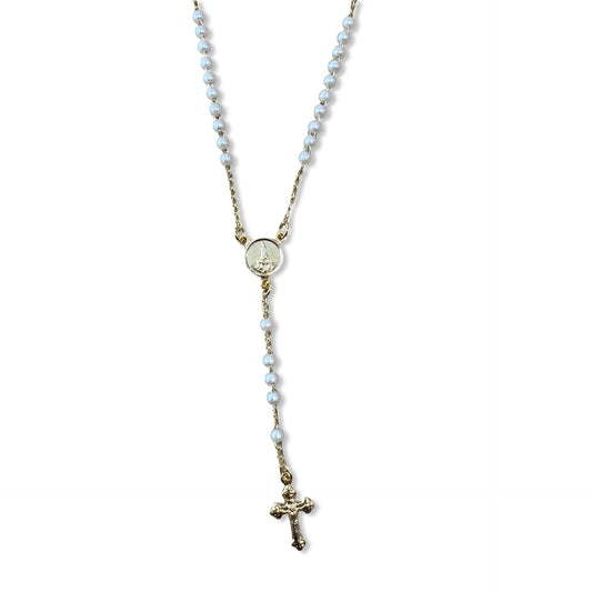 Gold and Pearl Fatima Rosary Necklace