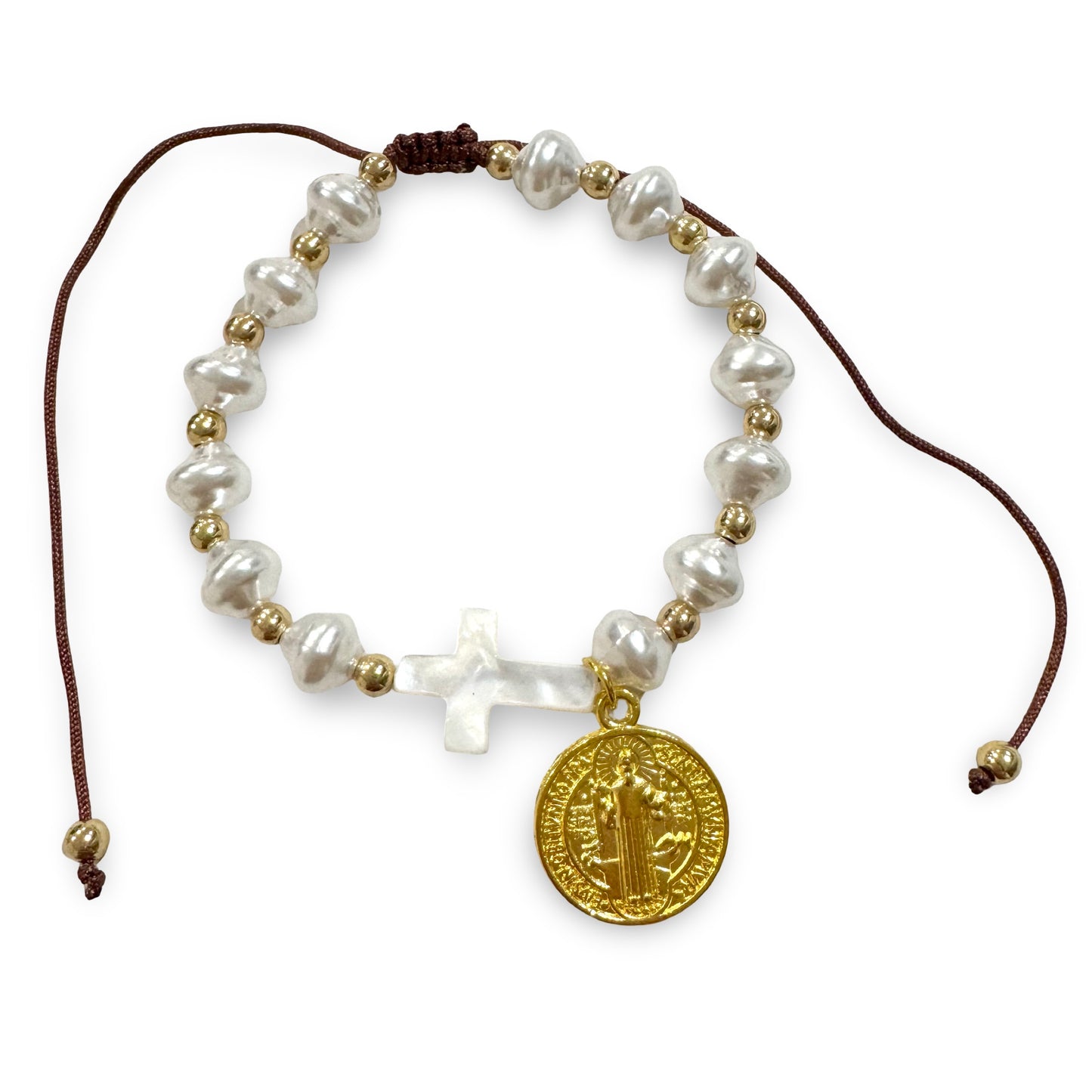 Pearl and Gold Adjustable St. Benedict Bracelet with Pearl Cross