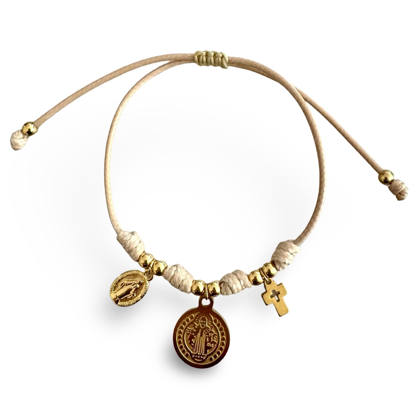 Cream Adjustable Bracelet with St. Benedict, Miraculous Medal, and Cross