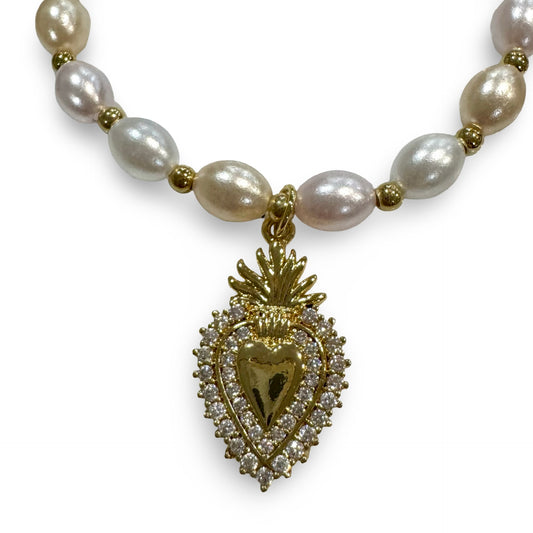 Multicolored Pearl Sacred Heart Bracelet with Gold Accents