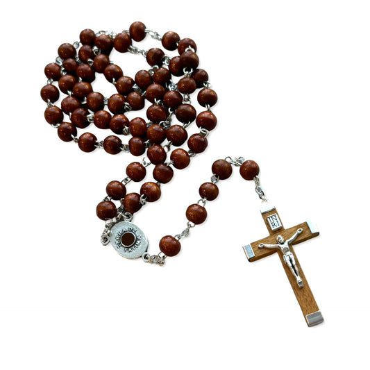 Round Wooden Rosary with Soil from Fatima and Holy Card